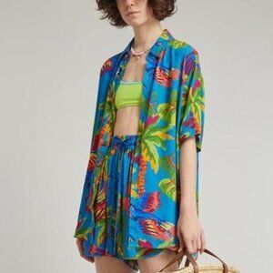 Farm Rio M Sunny Day Unisex Button Shirt Parrot Macaw Bird Blue Tropical Womens